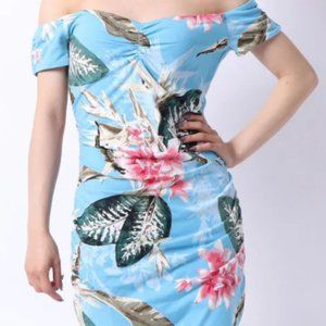 Guess Women's Voyager Palm Print Blue Off Shoulder Maeko Dress - M Medium NEW